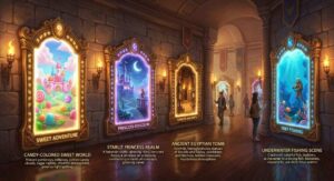 Игровые порталы слотов — четыре тематических мира: Sweet Bonanza с замком из конфет, Starlight Princess с ночным замком, Book of Dead с египетскими гробницами, Big Bass Bonanza с подводным коралловым рифом
