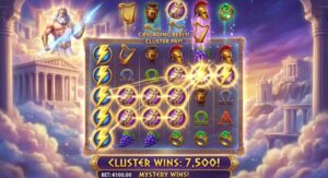 Слот Gates of Olympus — выигрыш кластера 7500 евро, каскадные барабаны, Mystery Wins, Зевс на фоне Олимпа
