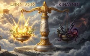 весы, которе символизирую плюсы и минусы игры в слот Gates of olympus