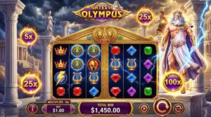 Игровой автомат Gates of Olympus - слот с Зевсом и множителем x100, выигрыш $1450, древнегреческая мифология